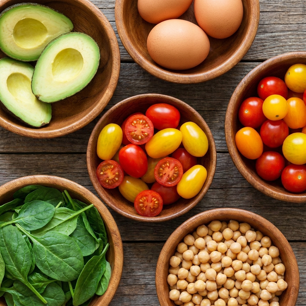 Ingredientes coloridos em tigela de cerâmica, símbolo de alimentação variada e funcional