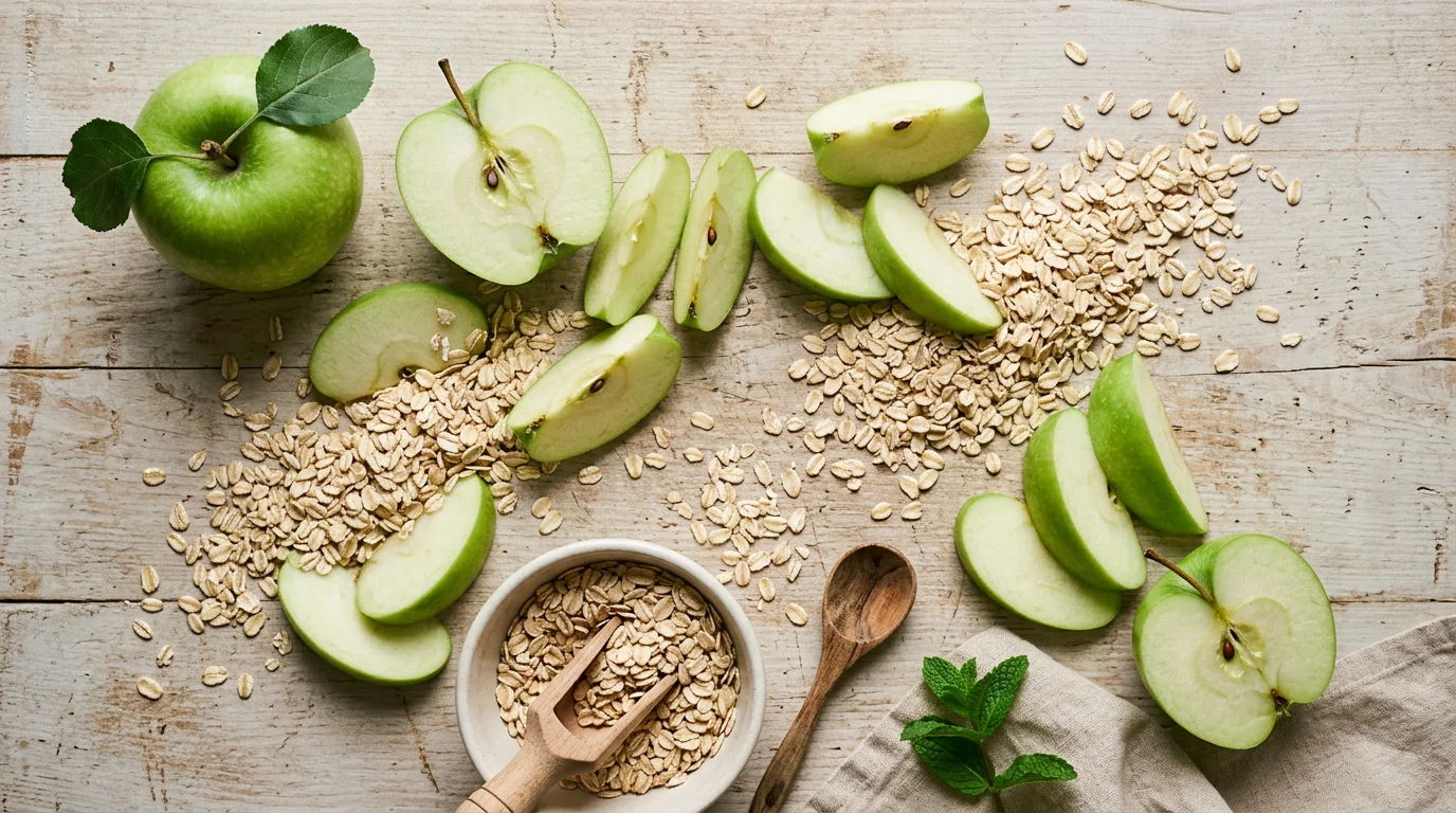 Maçã verde fatiada com aveia em flocos, símbolo de hábitos saudáveis e lanches equilibrados
